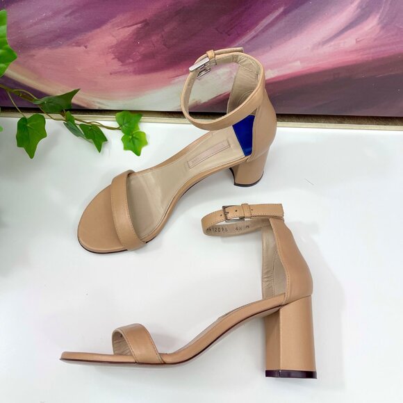 Stuart Weitzman 75 LessNudist Leather Ankle Strap Block Heel Sandals in Beige‎ 6 - Picture 7 of 13